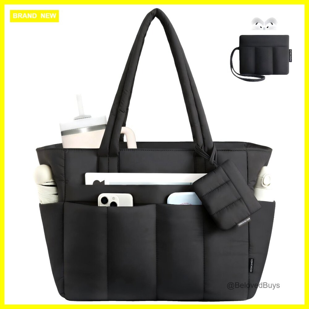 Quilted Puffer Tote Bag With 14 Pockets, Laptop Compartment, Luggage Strap